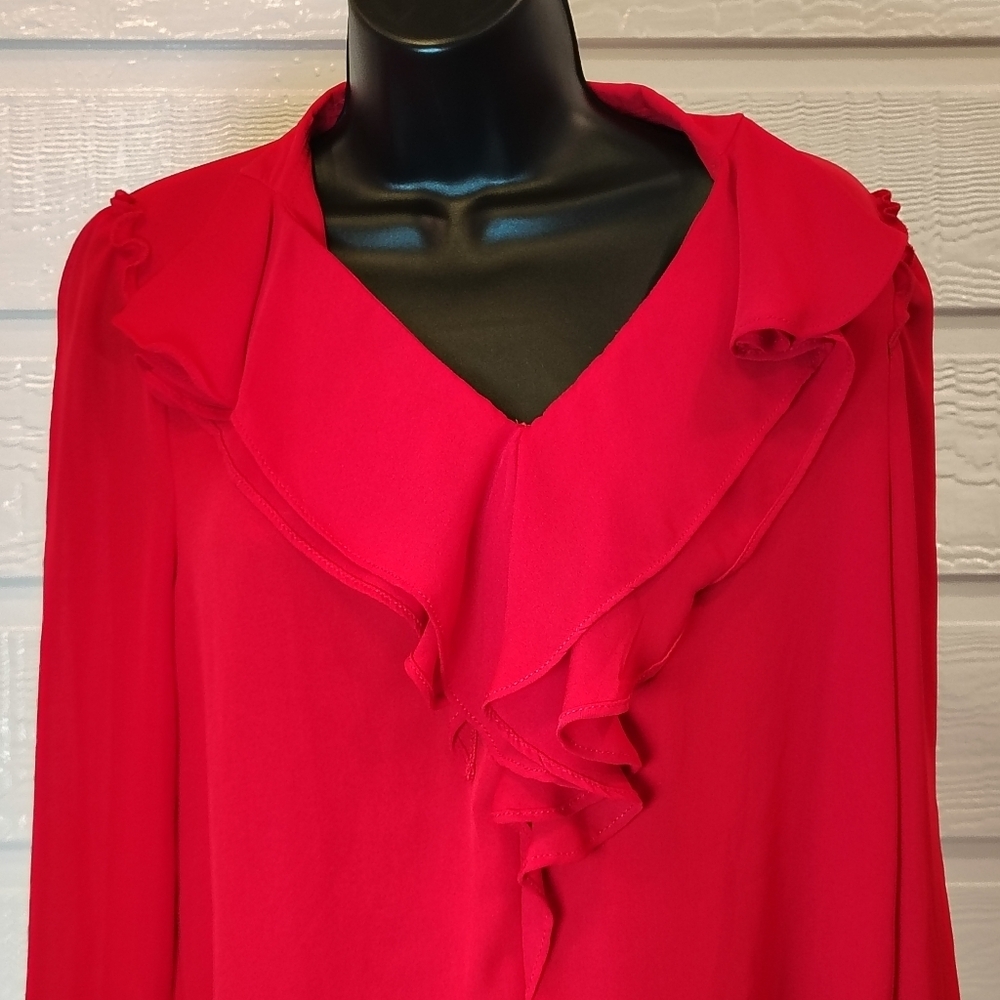Catherine Malandrino Womens Size Small Red Long Sleeve Blouse Ruffle Front